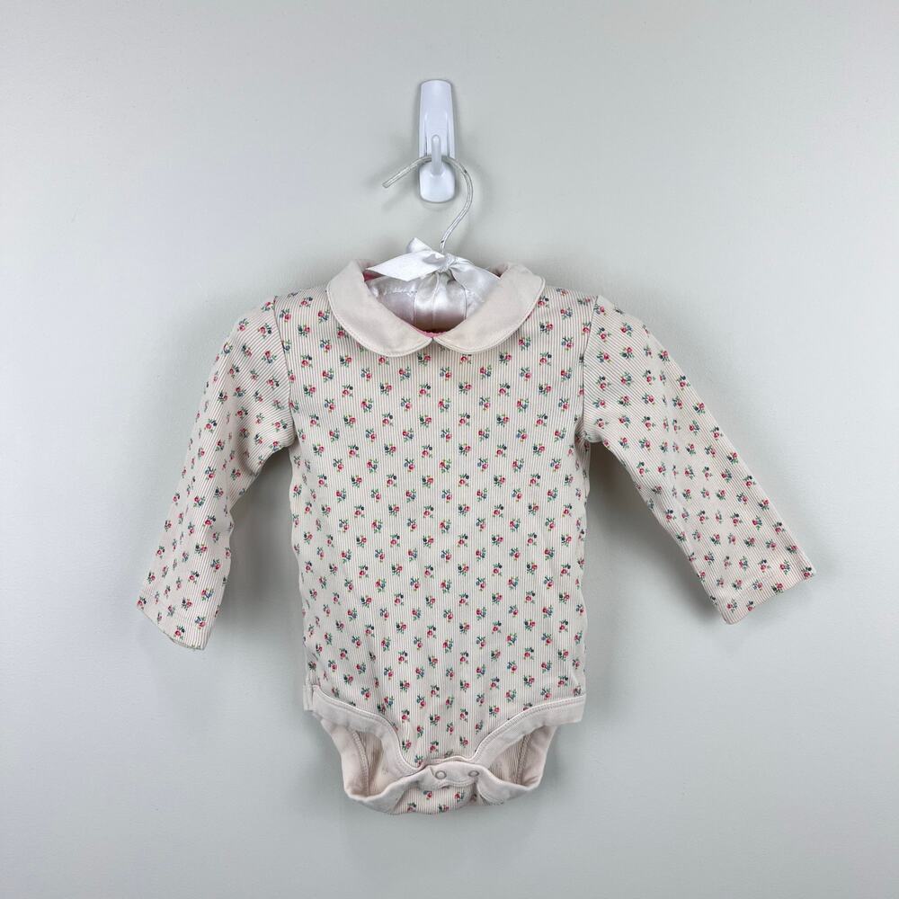 Mini Boden Long Sleeve Floral Peter Pan Collar Ribbed Bodysuit 3-6 Months